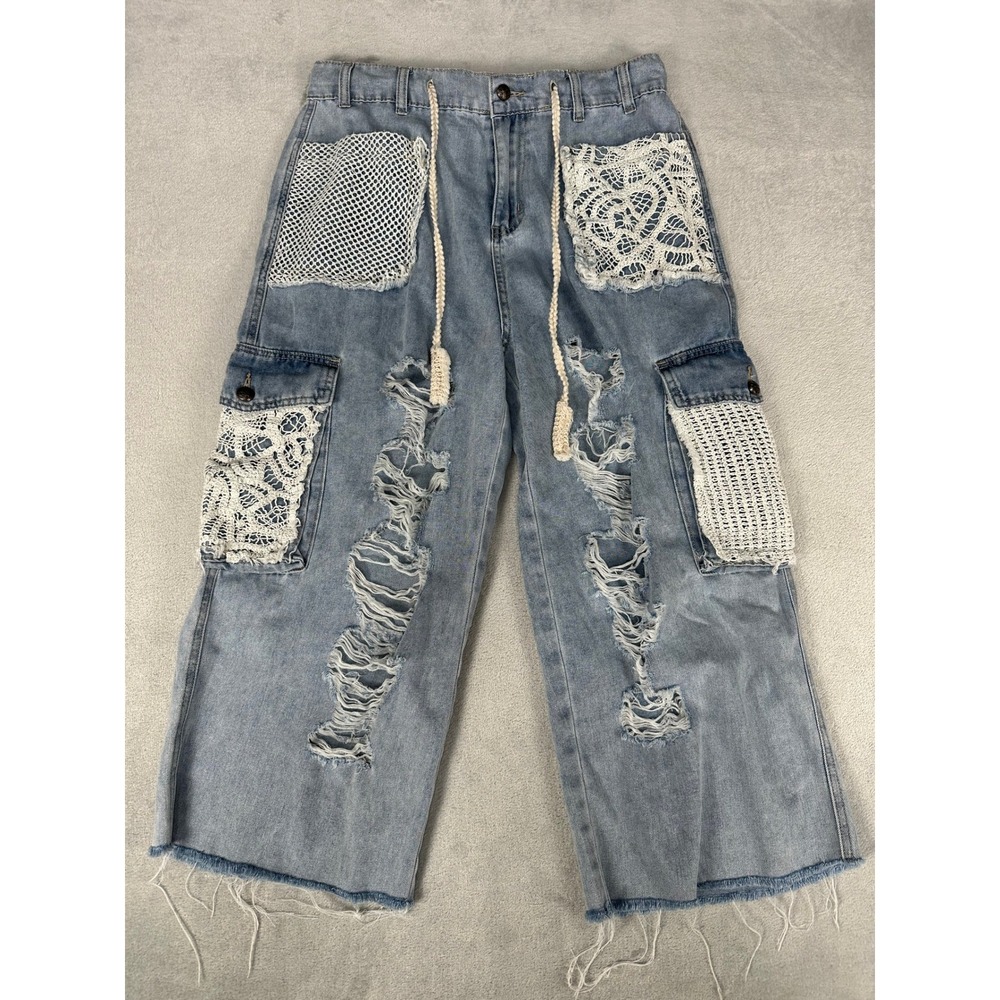 POL Jeans Women Medium Blue Lace Patchwork Distressed Cargo Raw Hem Denim Pants